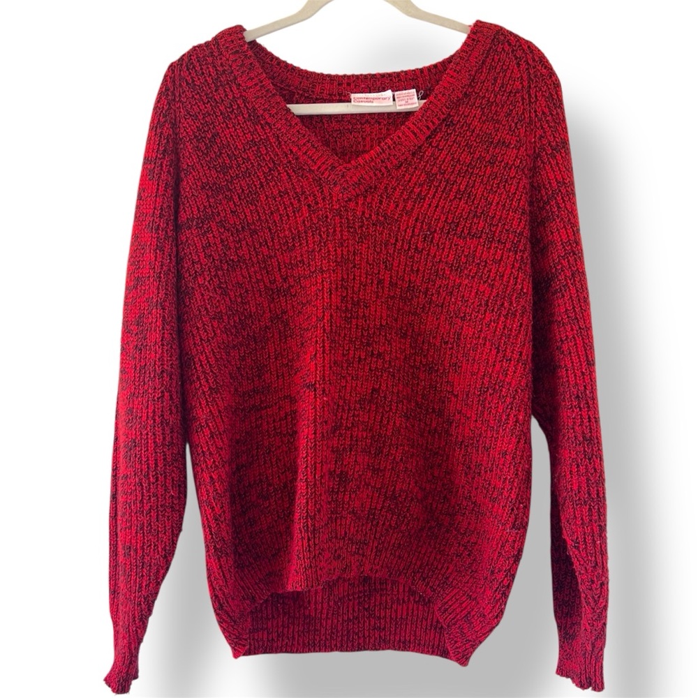 Vintage Contemporary Casuals Red & Black Chunky Knit V-Neck Sweater (M)